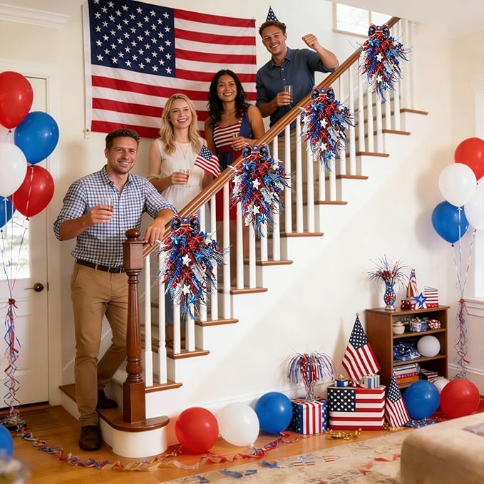 Idyllic 2 Pcs Red White and Blue Glitter Patriotic Swag with Stars & Double Bow | Sparkling 4th of July Memorial Day Front Door Hanging Decor