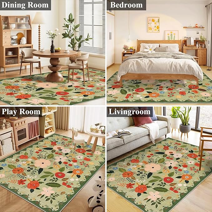 U'Artlines 5x7ft Vintage Floral Area Rug Machine Washable Ultra Soft Low Pile Non Slip Non Shedding Accent Floor Carpet for Living Room, Bedroom, Dining Room, Office (Green)