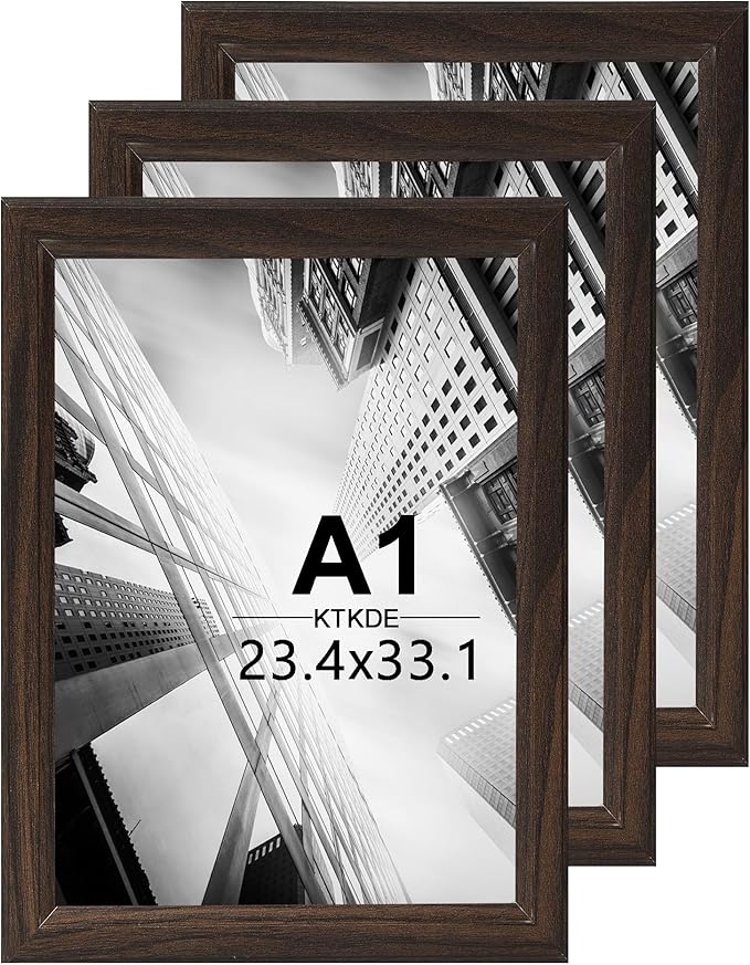 KTKDE A1 Picture Frame Set of 3, 23.4 x 33.1in Poster Frame Wooden Walnut -Horizontal or Vertical Wall Hanging for Home, Exhibition, Caffe Large Frame for Photos, Posters - Art Prints best gift