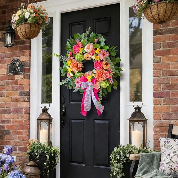 Spring Wreaths for Front Door 24 Inch Outdoor Spring Wreath with Pink Bow– Handmade Peach Dahlia & Garden Rose Summer Wreaths for Front Door,Farmhouse Home,Porch,Wall,Window Decor