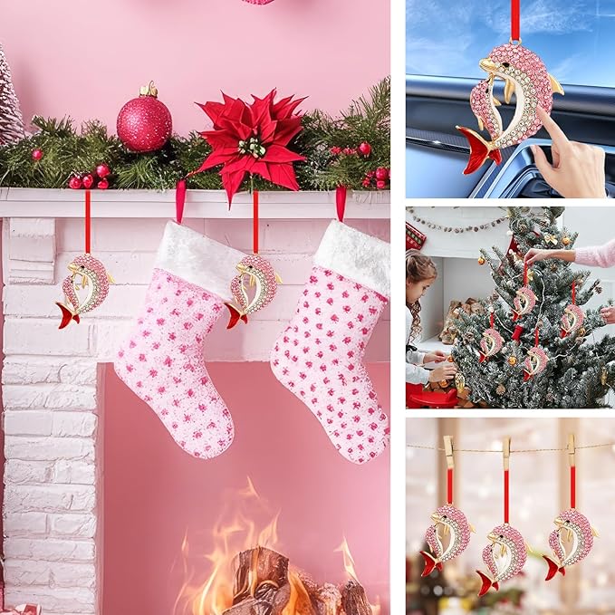 SICOHOME Dolphin Ornaments for Christmas Tree - Coastal Sea Ocean Hawaii Beach Themed Christmas Hanging Ornament with Rhinestones for Christmas Tree Gifts for Ocean Lover, Nautical Enthusiast - Pink