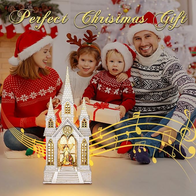 Church Snow Globe Lighted,Christmas Snow Lantern,Angel Holy Family Nativity Christmas Eve Glitter Snow Globe with Musical,Christian Decorations Indoor,Two Power Modes of Church Snow Globes