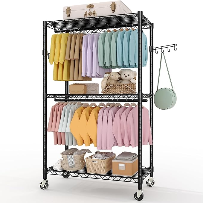 Heavy Duty Rolling Clothes Rack,Load 730LBS Clothing Racks for Hanging Clothes,Free Standing Closet Organizers and Storage Garment Racks with Wheels,2 Rods,Side Hooks,80"H x 45"W x 16"D