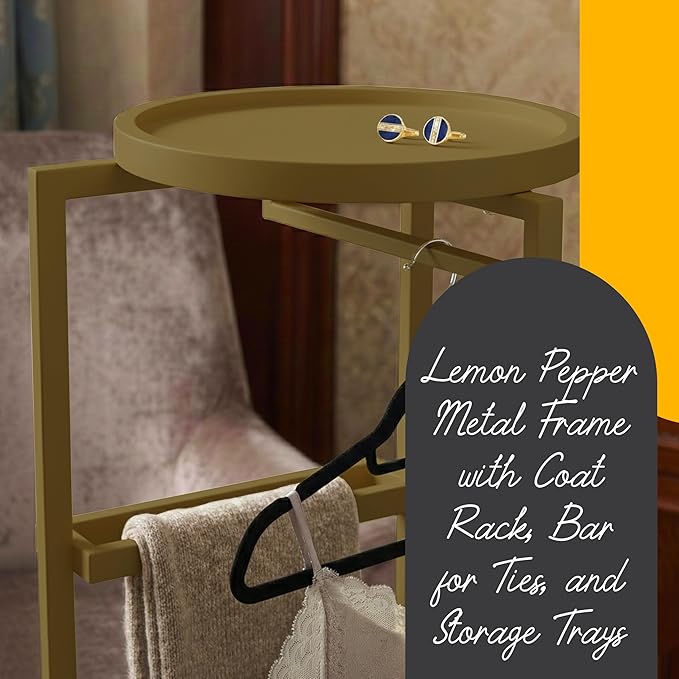 Kings Brand Furniture Suit Valet Stand, Coat Rack with Rods & Storage Trays - Tie Jacket Hanger, Freestanding Clothing Organizer Perfect for Bedrooms & Entryways, Lemon Pepper