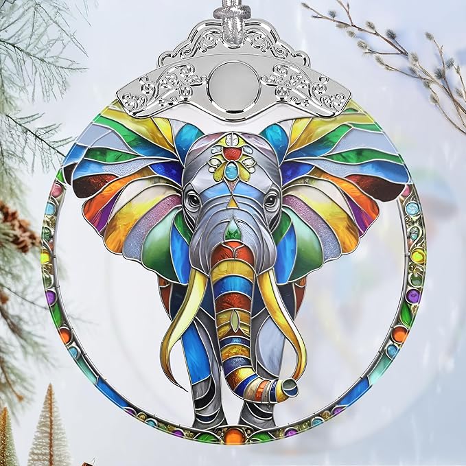 Stained Glass Suncatcher Ornament - Elephant Christmas Decorations - Christmas Ornaments for Tree - Holiday Present Ideas - Gift Exchange
