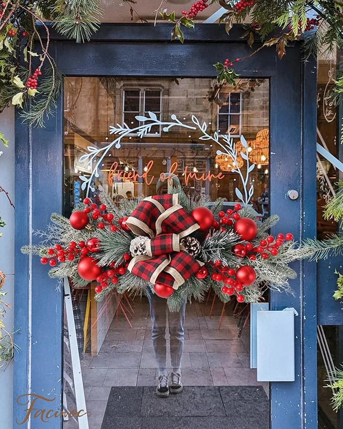 FACINOC 24" Artificial Christmas Swag for Front Door Decorative Xmas Swags with Red Berries Pine Cones Bow Festive Decorations for Mantle Wall Indoor Outdoor Holiday Home Decor (Red 1 PCS)