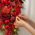 24" Decorative Teardrop Swag, Artificial Christmas Swag with Red Hydrangea & Baubles, Purple Bowknot, Red Berries, Sparkling Leaves, Pine Needles