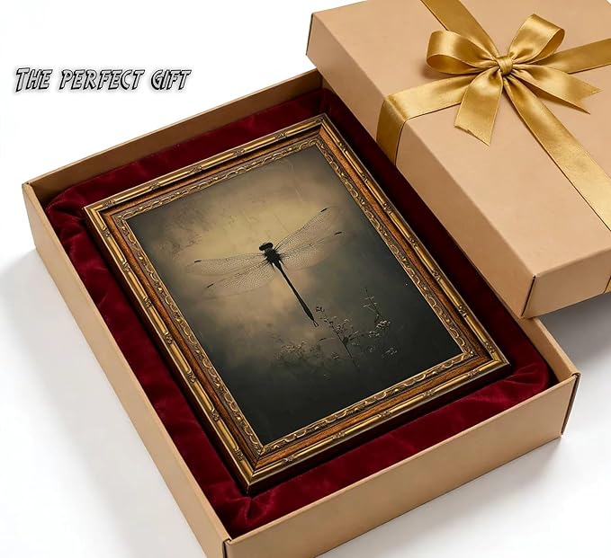 Vintage Gold Framed Wall Art Retro Dark Dragonfly Painting Canvas Prints Gothic Insect Picture Wall Decor Rustic Farmhouse Animal Poster Artwork for Living Room Bedroom Bathroom, 9x11in