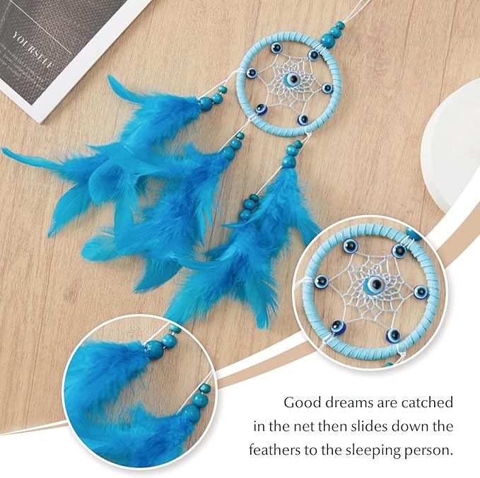 Pretty Jolly Small Evil Eye Dream Catchers Wall Decor Wood Beads Handmade Blue Feathers Mini Dreamcatchers Home Decoration Ornament for Car Bedroom Birthday Party