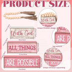 Lineshading 4 Pcs Christian Table Decor Pink Rustic Wooden Block Sign Set with God All Things are Possible Farmhouse Stacked Decor with Beaded Garland Tassel Christian Home Decors for Office, Shelf