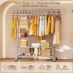 Clothes Rack With Storage Shelf, Heavy Duty Rolling Clothing Rack for Hanging Clothes, Double Rod Metal Garment Rack Load 630 LBS, Portable Wardrobe Racks with Wheels for Bedroom, Laundry Room