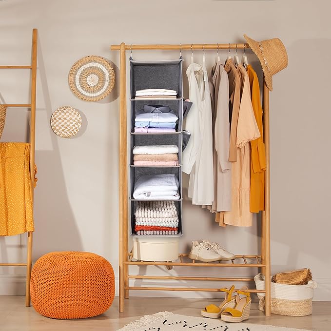 BOOMIBOO Hanging Closet Organize and Shelves，5-Hanging Shelf with 2 Side Pockets，Storage Foldable （2 Pack ，Grey）