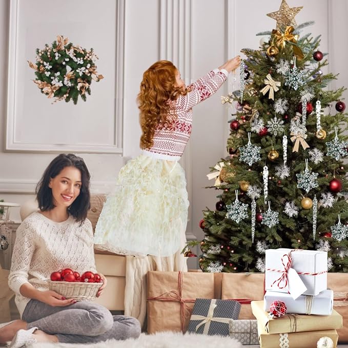 36pcs Christmas Crystal Ornaments Decoration, Hanging Christmas Snowflake Icicle Clear Acrylic Ornament Sets for New Year Wedding Winter Party Decor