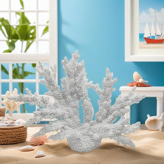 Etlemonde White Coastal Beach Coral Reef Decor Resin Statue - Faux Sea Coral Reef for Bathroom Shelf, Coffee Table, Nautical Beach House Home Decor Accent