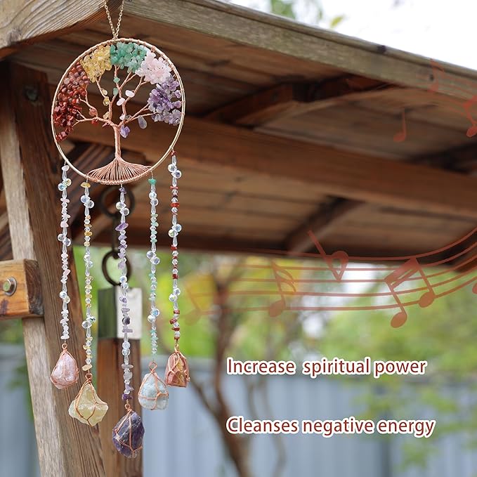 Tree of Life Moon Dreamcatcher - Dreamsum Natural Stones Wind Chimes with Healing Crystal Wall Decor Crystal Dream Catchers Wall Hangings for Room, Garden, Wedding Colorful Hanging Decor Gift