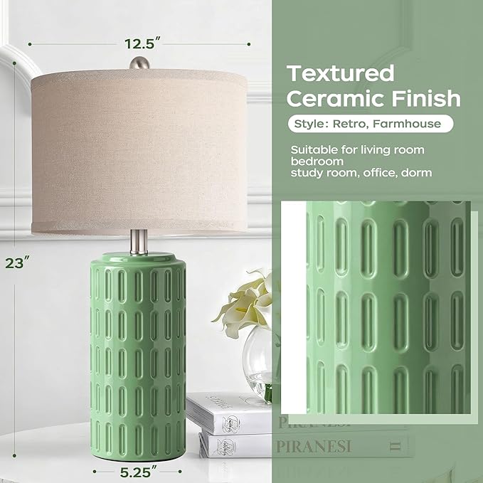 PARTPHONER 23" Farmhouse Modern Ceramic Table Lamp Set of 2 - Sage Green Bedside Lamps for Bedroom & Living Room, Nightstand, Desk, End Table