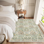 Vintage Washable Area Rug 4x6, Beige & Blue Low Pile Non-Slip Stain Resistant, Distressed Retro for Bedroom Under Bed, Living Room, Nursery, Kitchen & Entryway