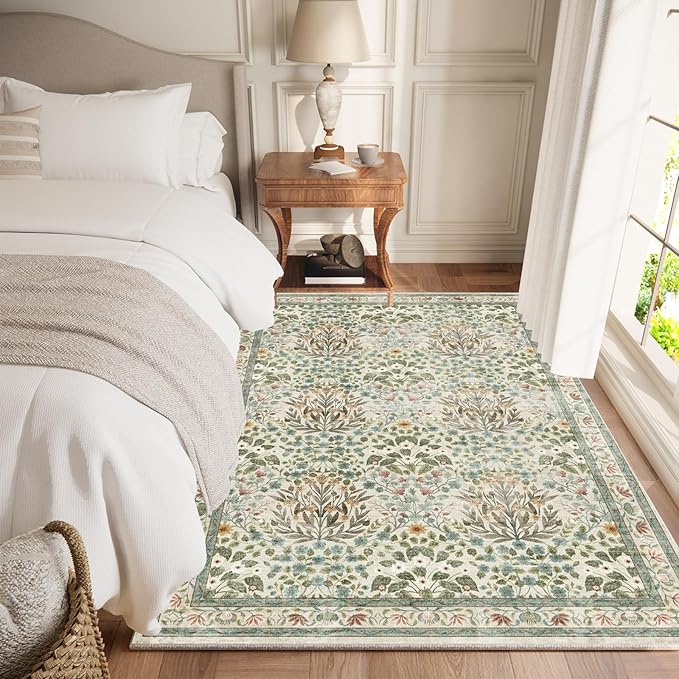 Vintage Washable Area Rug 4x6, Beige & Blue Low Pile Non-Slip Stain Resistant, Distressed Retro for Bedroom Under Bed, Living Room, Nursery, Kitchen & Entryway
