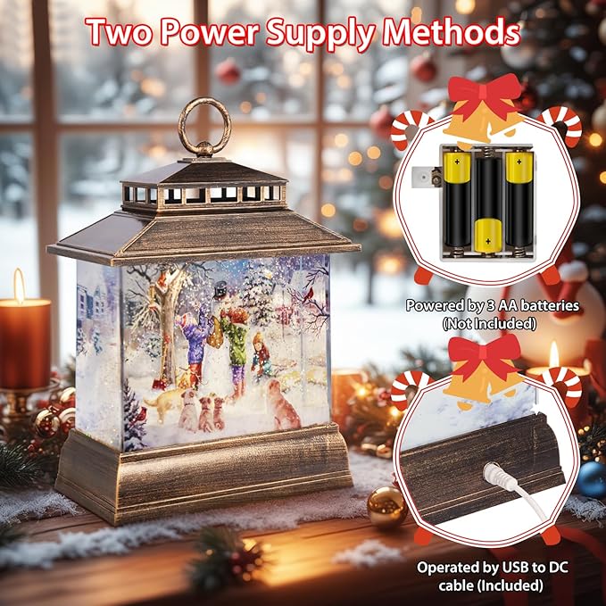 Christmas Snow Globe Lantern Water Glittering Lantern with 8 Songs & 6H Timer Romote Control Christmas Snow Globes USB & Battery Operated for Holiday Festival Decorations Gifts (Snowman and Children)