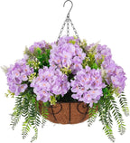 Artificial Flowers in Hanging Basket Planter for Home Spring Summer Decoration, Silk Hydrangea Outdoor Indoor Arrangements, 12" Metal Coconut Lining Basket with Faux Plant(Light Purple)