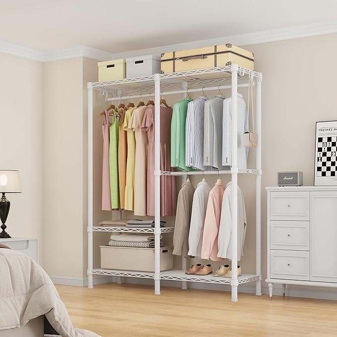 H18 Clothes Rack for Hanging Clothes, Heavy Duty Garment Rack, Portable Closet with Adjustable Shelves, Freestanding Wardrobe Closet for Bedroom Storage, White