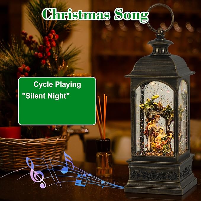 Christmas Snow Globe Swirling Glittering Nativity Scene with Timer & Music, Lighted Water Lantern USB Lined/Battery Operated for Christmas Festival Decoration Gifts - 11.4 inch (Jesus)