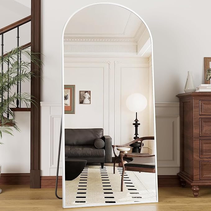 Prywot Full Length Mirror, 71"x30" Arched-Top Floor Mirrors, Modern Full Body Mirrors with Stand, Wall Mirror with Aluminum Alloy Frame for Bedroom,Living Room, White