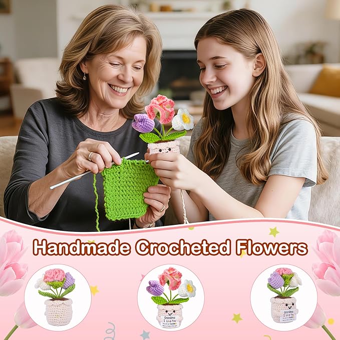 Gifts for Grandma, Grandma Gifts from Grandkids, Birthday Gift for Nana Grandmother GaGa, Mother's Day Birthday I Love You Present for Grandmother, Cute Handmade Crochet Positive Tulip Flowers Doll