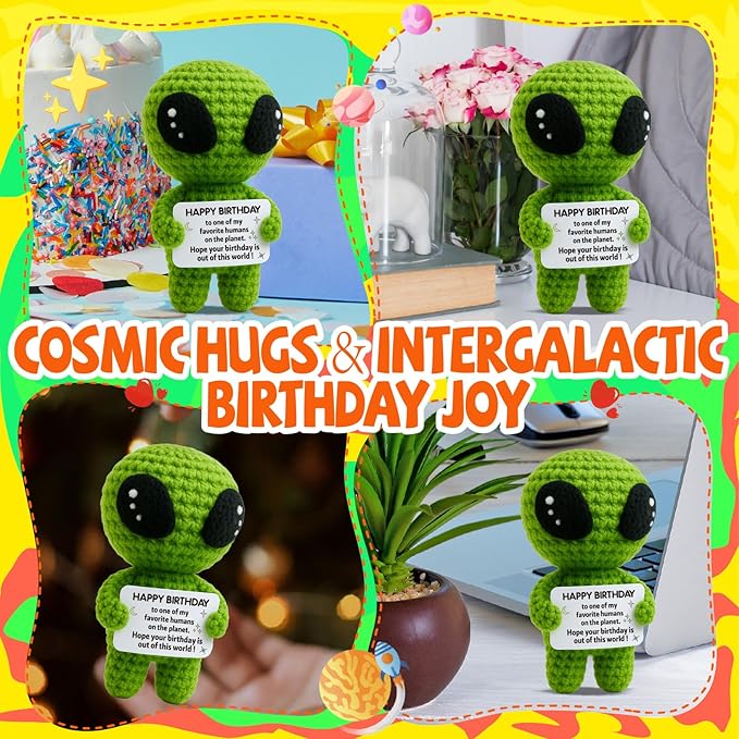 MAMAGIFTREE Birthday Gifts for Man Woman - Handmade Crochet Alien with Inspirational Funny Birthday Card - Small Bday Stuff for Friends, Teens, Coworkers