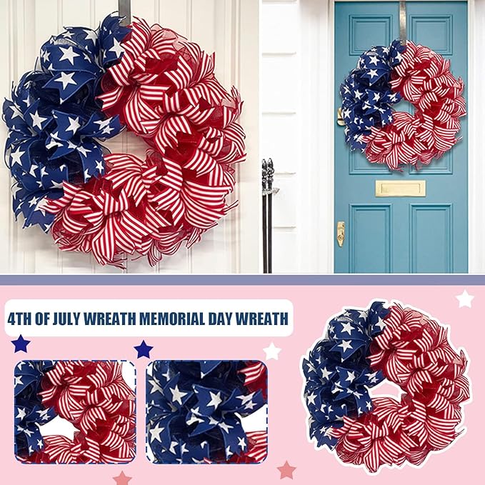 Patriotic Wreaths for Front Door, New 250th Anniversary Decorations, 4th of July Decorations Outdoor, Handcrafted Memorial Day Wreaths, Festival Celebration USA Flag Printed Wreath (A)
