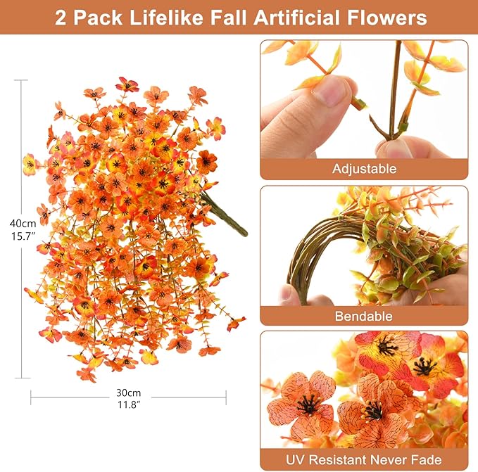 Artificial Fall Flowers for Outdoors, 2PCS Silk Fake Flowers Realistic Daisy Mums UV Resistant Porch Patio Window Yard Decor (Sunset Red)
