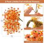 Artificial Fall Flowers for Outdoors, 2PCS Silk Fake Flowers Realistic Daisy Mums UV Resistant Porch Patio Window Yard Decor (Sunset Red)