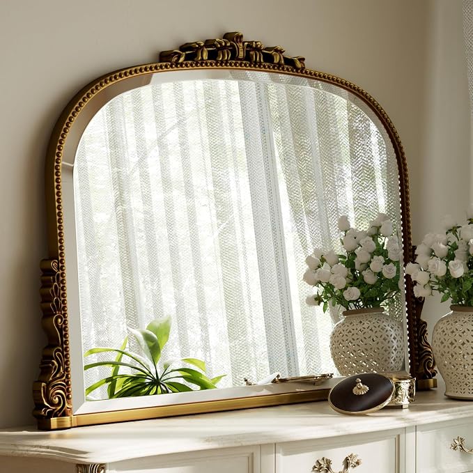 Wall Beaded Mirror, 44 x 32 Inch Round Top Right Angle Wall Mirror, Tempered Glass, Rust Resistant, Horizontally or Vertically Hanging, Gold