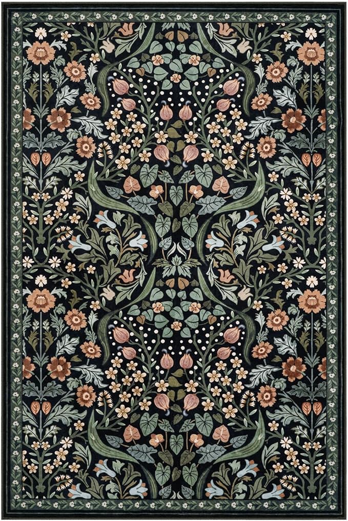 Moynesa Floral Area Rugs 4x6, Boho Washable Living Room Rugs, Non Slip Soft Rugs for Bedroom, Botanical Ultra Thin Entryway Throw Carpet for Kitchen Dorm Bathroom, Black