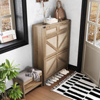 Shoe Cabinet with 2 Flip Drawers & 2 Drawers,Farmhouse Shoe Storage Cabinet for Entryway,Slim Freestanding Narrow Organizer Rack for Front Door Entrance,Rustic Oak Rattan