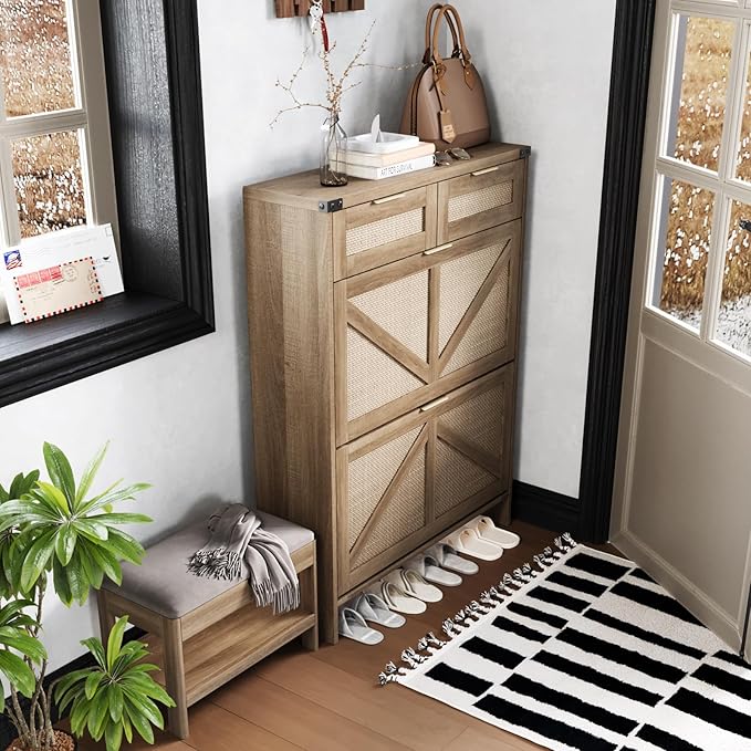 Shoe Cabinet with 2 Flip Drawers & 2 Drawers,Farmhouse Shoe Storage Cabinet for Entryway,Slim Freestanding Narrow Organizer Rack for Front Door Entrance,Rustic Oak Rattan