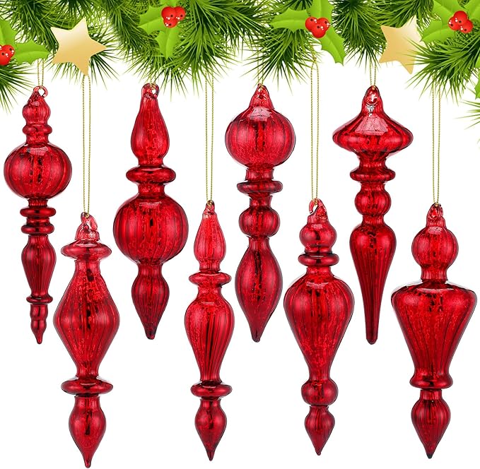 Mifoci 8 Pcs 6 Inch Mercury Glass Finial Christmas Ornaments Hanging Christmas Finials Glass Ornaments Assorted Mercury Decor for Vintage Holiday Xmas Tree Decoration(Red)