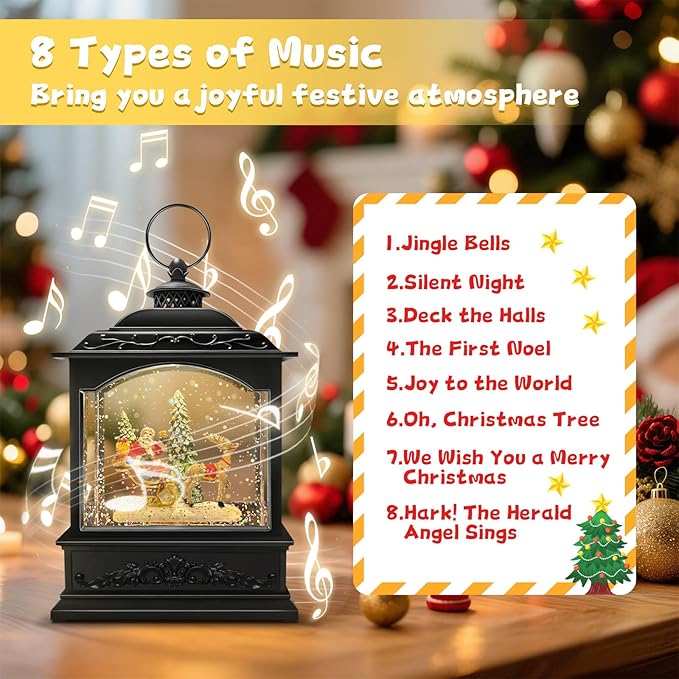 Christmas Snow Globe Lantern Water Glittering Santa Snow Globe with Music and Timer, USB Lined/Battery Operated, Christmas Eve Decorations Gifts, Lighted Lantern for Christmas Festival Decoration