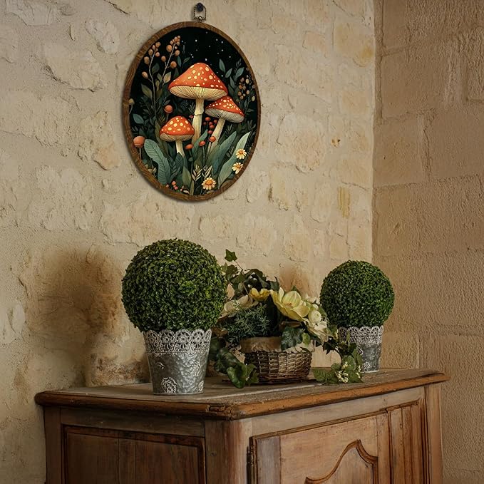 Vintage Mushroom Wildflower Wall Art Decor, Fantasy Forest Botanical Illustration Round Frame Wall Hanging Decor, Retro Botanical Canvas Prints Wall Art for Bedroom Living Room 10x10 Inch (MG01)