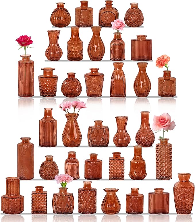 36Pcs Bud Vases Set Small Vintage Glass Bottles Bud Vases in Bulk Multiple Shape Cute Glass Vases for Rustic Wedding Centerpieces Table Decorations and Home Decor (Dark Amber)
