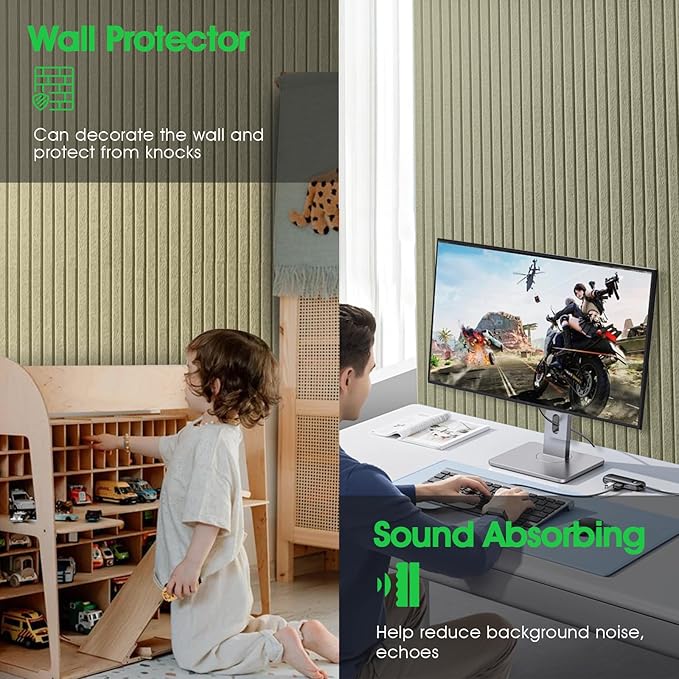 Large Cork Board for Office, 8 Pack Felt Wall Tiles with Slat Wall Paneling and Safe Removable Adhesive Tabs, Felt Bulletin Board Pin Board Cork Boards for Walls - Sage Green