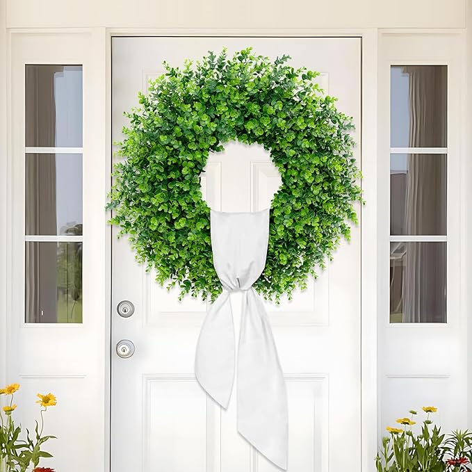 28'' Large Boxwood Wreaths Front Door Artificial Green Spring Wreath with Sash Wreaths for Front Door Farmhouse Greenery Year Round Outdoor Indoor for Summer Wreath St Patricks Day Decoration