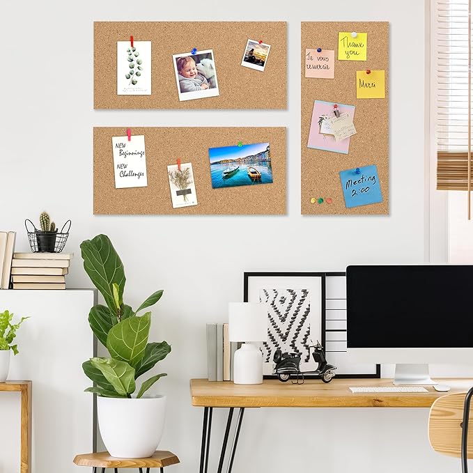 AKTOP Cork Board Bulletin Board 17"x8", 1/2" Thick Cork Board Tiles 10 Pack, Small Pin Board for Wall Decor, Self Adhesive Corkboards with 120 Push Pin Wood Clips for School, Home & Office
