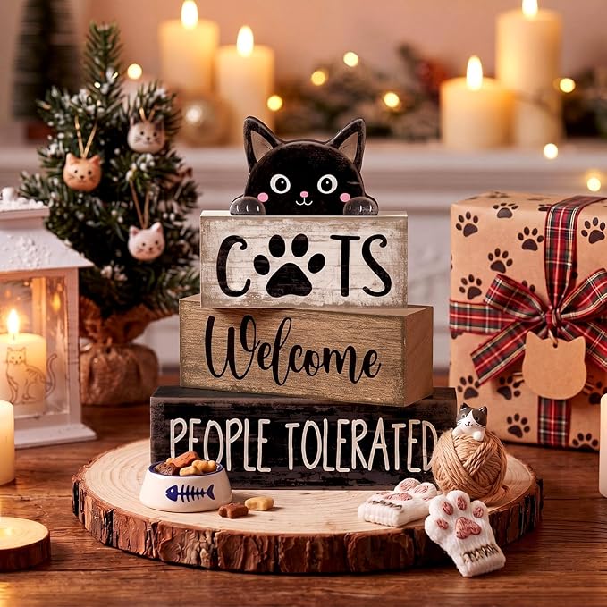 Lineshading 4 Pcs Farmhouse Table Decor Vintage Wooden Black Cat Stacked Sign - "Cats Welcome, People Tolerated" Funny Rustic Tiered Tray Decor for Animal Lovers, Home, Room, Cat Cafe Decorations