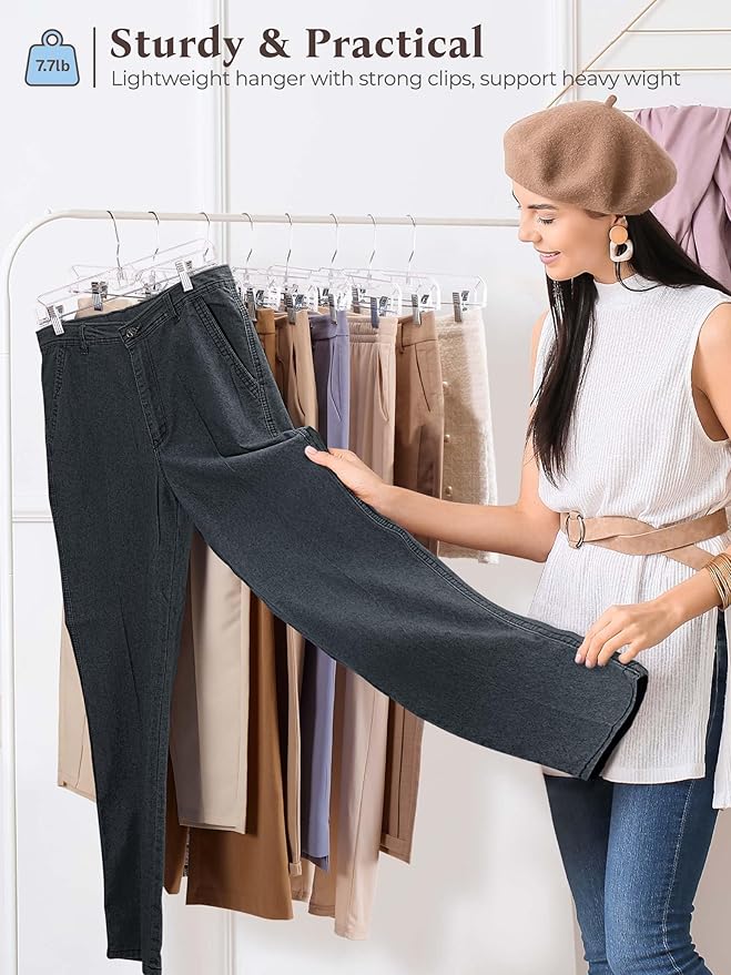 HOUSE DAY Clear Skirt Hangers with Clips, Non-Slip Plastic Pant Hanger with 2 Adjustable Clips, Upgraded Clip Hanger for Pants, Skirts, Shorts, 14" Clear Hangers 10 Pack, 360-Rotating Swivel Hook