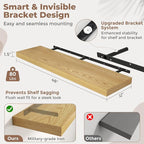 48 Inch Long Floating Shelves for Wall Set of 2, 12"D Wood Grain Bathroom Shelves with Invisible Brackets, Easy Install Engineered Wood Storage Shelves for Kitchen, Living Room, Bedroom, Oak Finish