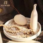 Hanobe Decorative Serving Tray Round: Farmhouse Coffee Table Decor Boho White Mandala Trays for Living Room Kitchen Bathroom Display
