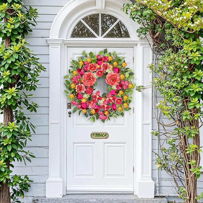 ICX 24 Inch Spring Wreaths for Front Door, Large Spring Summer Outdoor Door Wreath with Pink Peony Tulip Orchid, All Seasons Floral Wreath for Farmhouse Wall Porch Window Home Decor