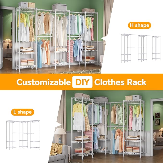 H11 Heavy Duty Garment Rack, Clothing Rack for Hanging Clothes, Extra Large Closet, Freestanding Wardrobe Closet Organizer and Storage with Hanger Rods, Extendable from 7.8 to 10.8 ft, White