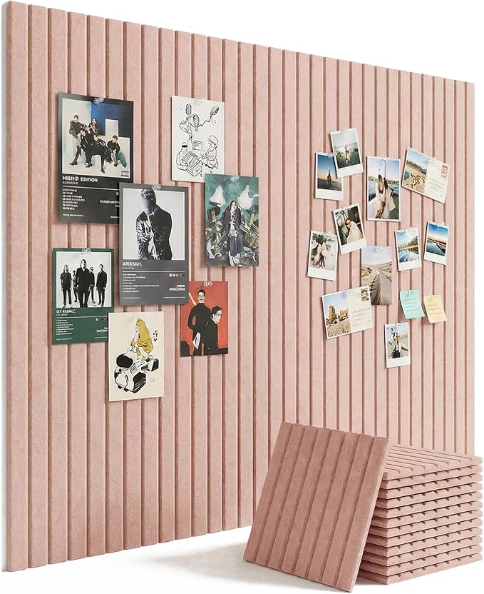 Aothia 12-Pack Felt Bulletin Board Tiles 48"x36", Modular Pin Board for Smooth Walls, Cork Board Alternative for Notes & Photos, 0.35" Thick, 70 Adhesive Tabs & 40 Pins, Pink